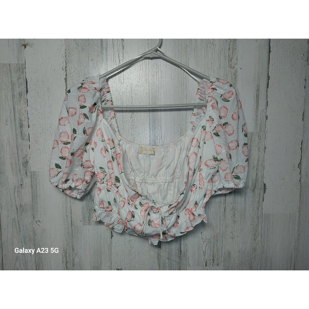 Altard State Women's Medium Crop Top Puff Sleeve Peach Print